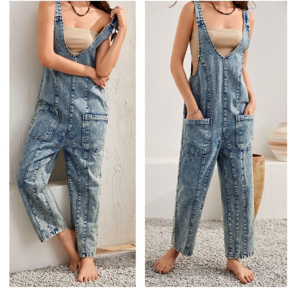 Vintage Wash Pocket oversized Jean Denim Overalls - Picture 3 of 5